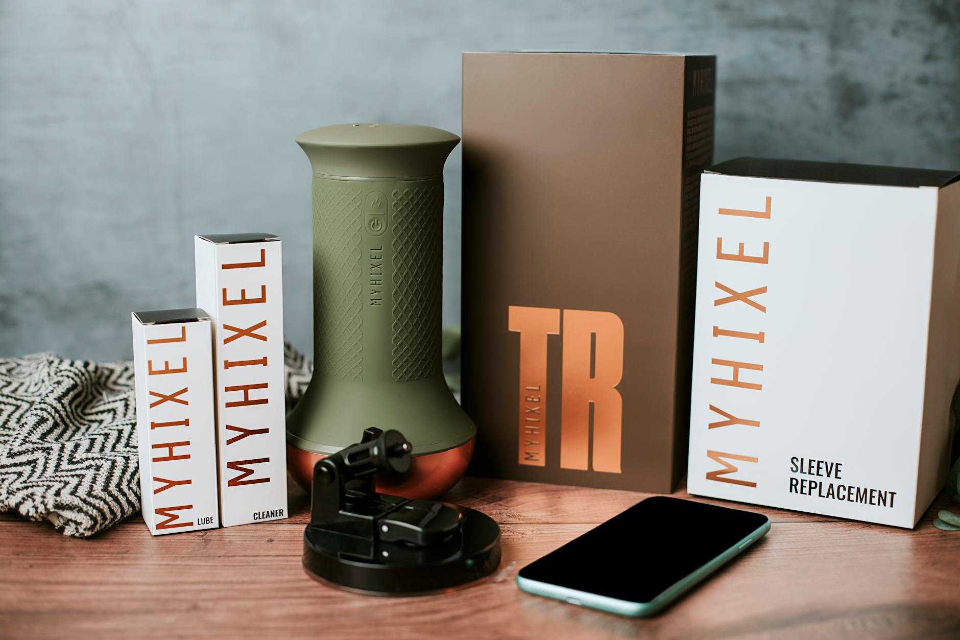 Assorted Myhixel products displayed stylishly with a smartphone.