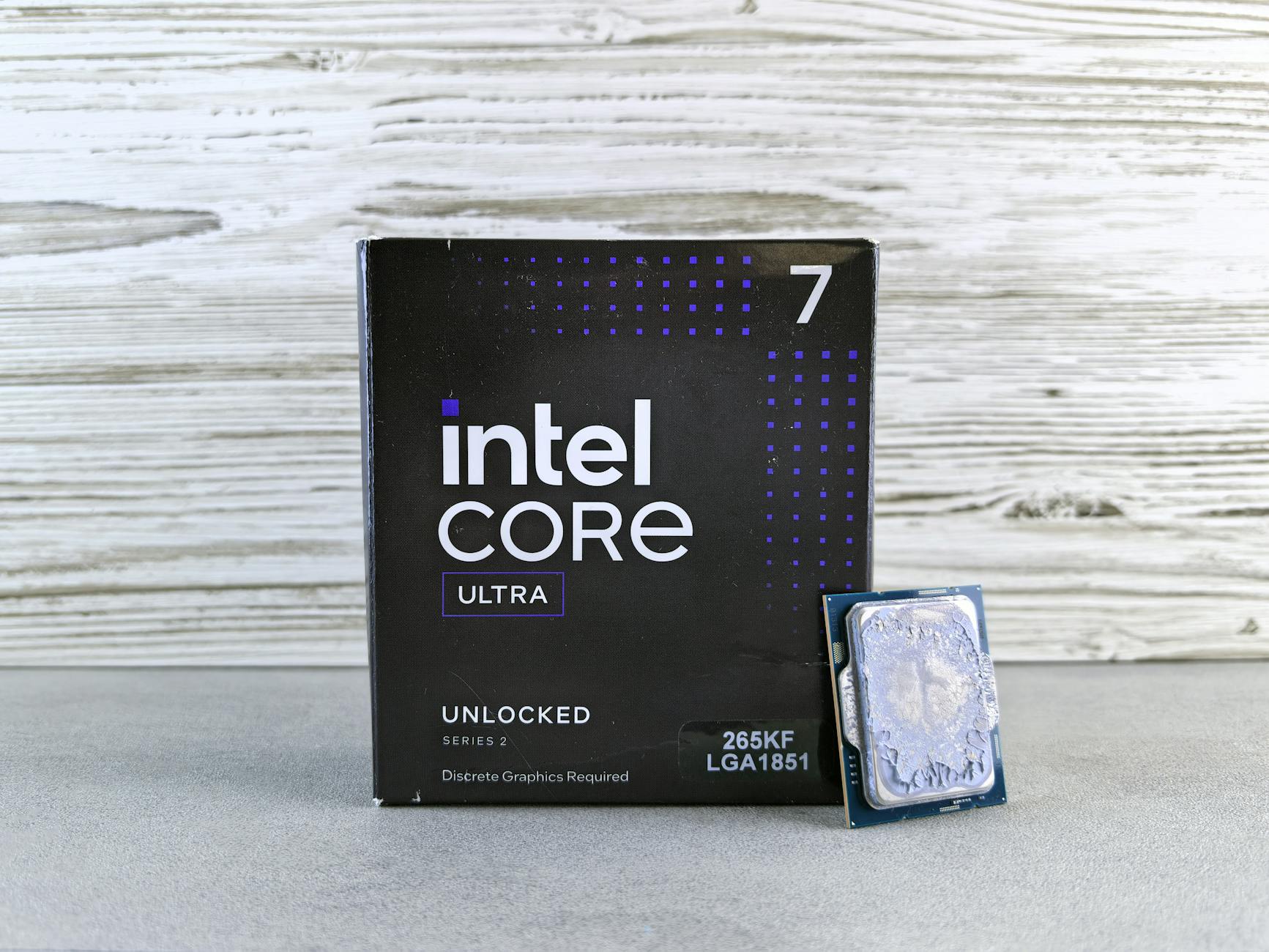 Intel Core Ultra CPU with packaging box, highlighting its high-performance capabilities.